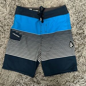Volcom Boys Blue and Navy Striped Swim Trunks